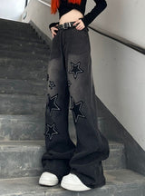 Retro Patch Loose Straight Wide-leg Pants Jeans