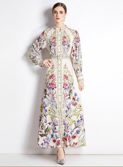 Printed Long-sleeved High-waist Slim Dress