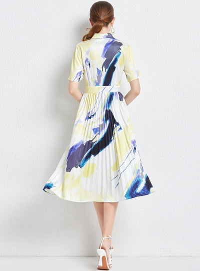 Abstract Printed Pleated Shirt Dress