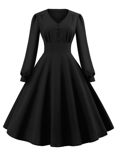 V-neck Retro Long-sleeved Button Dress