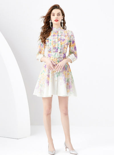 Retro Long Sleeve Short Mini Print Dress