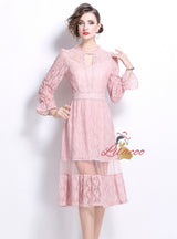 Pink Long-sleeved Stitching Lace Dress