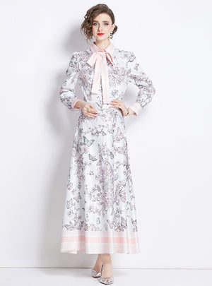 Retro Printed Lapel Long Sleeve Dress