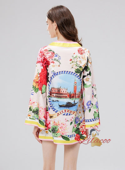 Printed Round Neck Long Sleeve Loose Short Dress