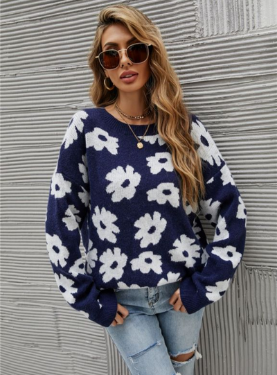 Printed Round Neck Blue Sweater