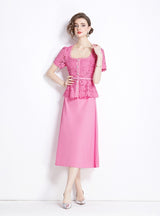 Pink Lace Fake Two-piece Short-sleeved Dress