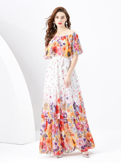 Off the Shoulder Flounced Holiday Printed Cake Dress