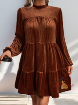 Women Long Sleeve Velvet Pleats Dress