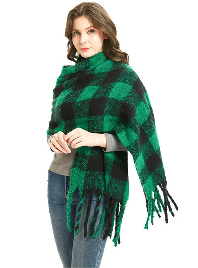 Fringed Green and Black Plaid Scarf