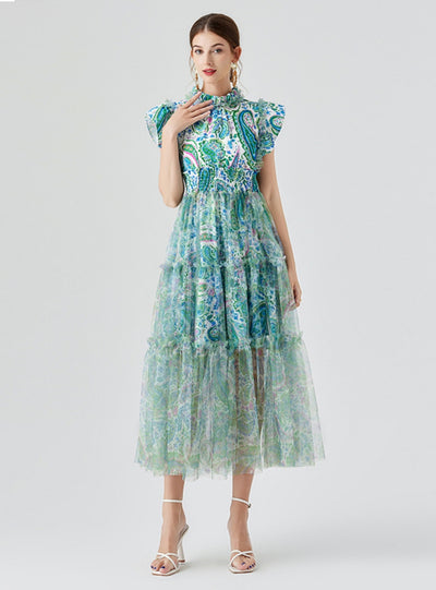 Lotus Leaf Elastic Gauze Printed Big Swing Dress