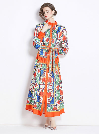 Retro Stand-up Collar Single-breasted Printed Dress