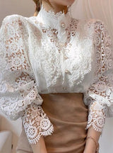 Loose Button Lace Hollow Long Sleeve Shirt