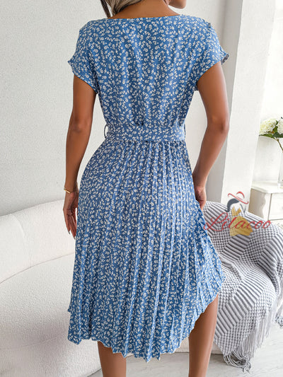 Casual Short-sleeved Floral Pleated Dress