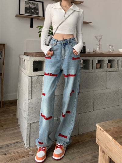 Letter Embroidered Straight Jeans