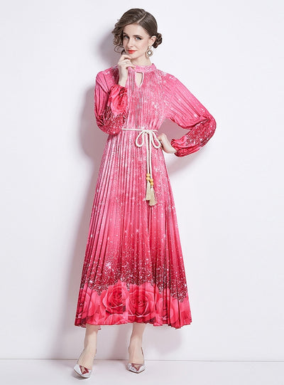 Printed Lantern Sleeve Pleated Belt Dress