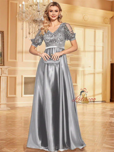 Gray Short Sleeve Lace Prom Dress