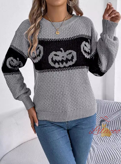 Halloween Pumpkin Contrast Long Sleeve Sweater