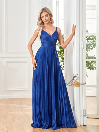 Royal Blue Straps Pleats Prom Dress