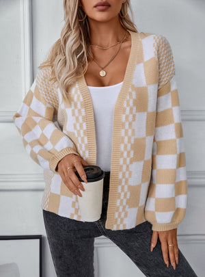 Contrast Plaid Loose Sweater Coat