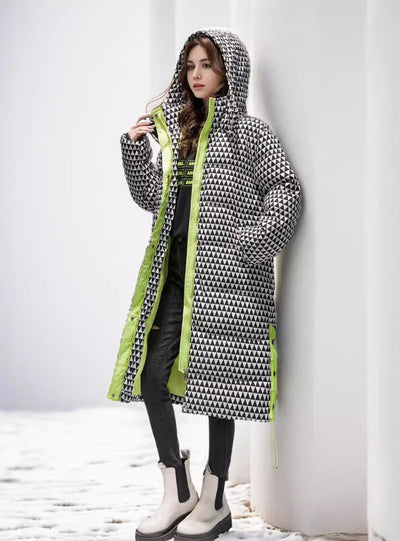 Hooded Plaid Over-the-knee Stitching Cotton-padded Jacket