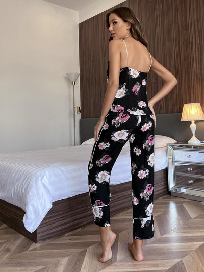 Strap Top Flower Printed Pajamas Suit