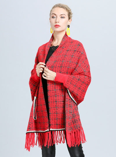 Plaid Loose Mink Bat Sleeve Fringed Shawl