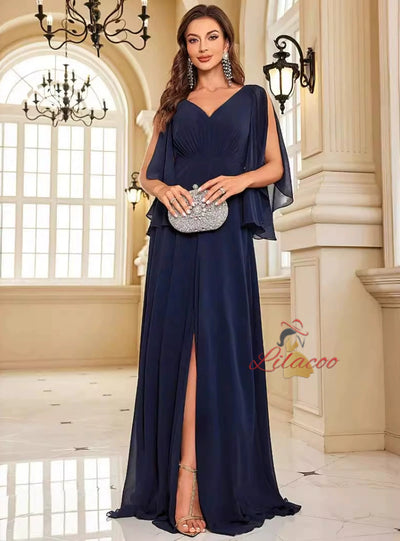 Navy Blue Chiffon Short Sleeve Prom Dress