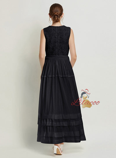 Round Neck Sleeveless Lace Stitching Dress