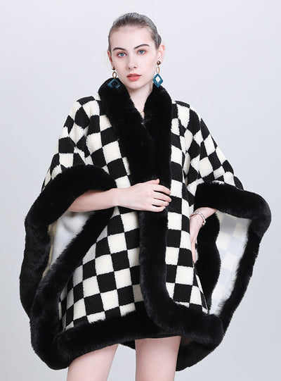 Thickened Plaid Fur Collar Cloak Shawl