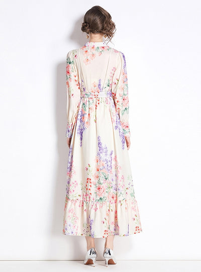 Retro Printed Long Sleeve Floral Dress