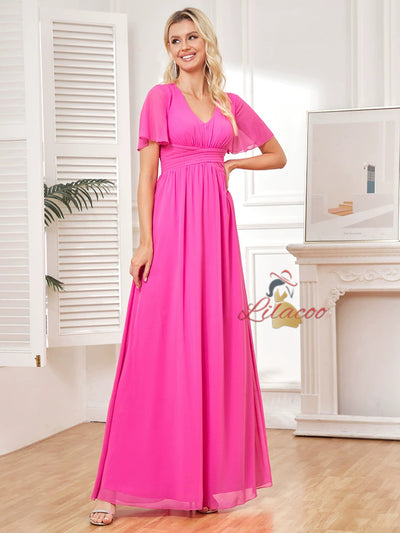 Fuchsia Chiffon V-neck Pleats Prom Dress