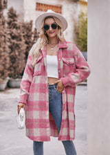 Autumn and Winter Long Plaid Pocket Coat