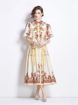 Retro Stand-up Collar Lantern Sleeve Printed Dress