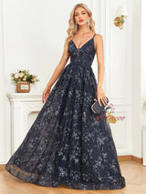 Navy Blue Sequins V-neck Prom Dress