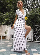 V Neck Short Sleeve Beach Sundress Casual Dot Print Long Dress