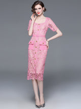 Pink Lace Stitching Slim Square Collar Dress