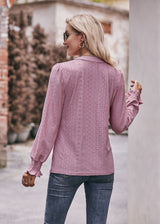 Solid Color Hole V-neck Long Sleeve Shirt