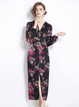 Retro Printed V-neck Long-sleeved Dress