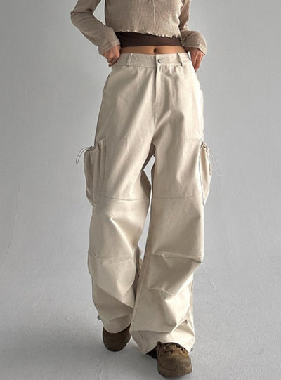 High Waist Pocket Drawstring Pleated Straight Pant