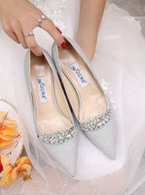 Silver Thin-heeled Pointed Diamond Crystal Shoes