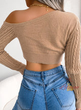 Twist One Shoulder Long Sleeve Short Knitted Sweater