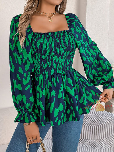 Leisure Square Collar Leopard Print Chiffon Shirt