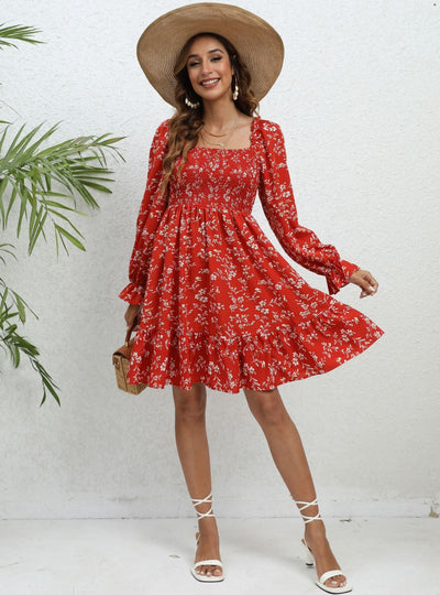 Floral Long-sleeved Mid-length Dress