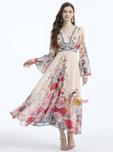 V-neck Flared Sleeve Printed Chiffon Dress