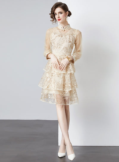 Long Sleeve Mesh Stitching Sequined Dress