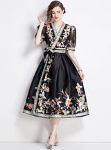 Vintage Palace Style Printed V-neck Big Swing Dress