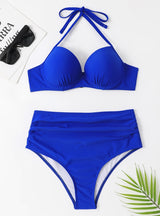 Solid Color High Waist Steel Plate Gathered Swimsuit