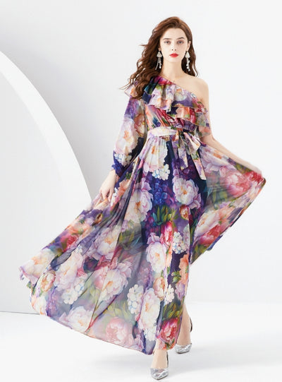 One Shoulder Chiffon Long Sleeve Print Summer Dress