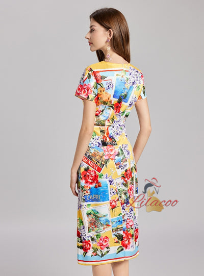 Women Rose Print Sim Waist Dress