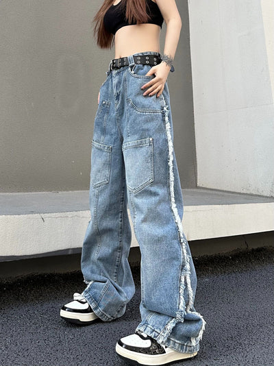 Pocket Wide-leg Raw Edges Pants Jeans